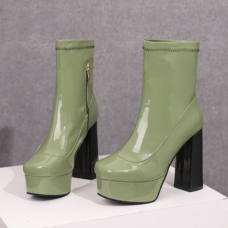 Plus Size Round Toe Platform Super High Thick Heel Glossy Patent Leather Women's Short Boots Metal Side Zipper Ankle Boots