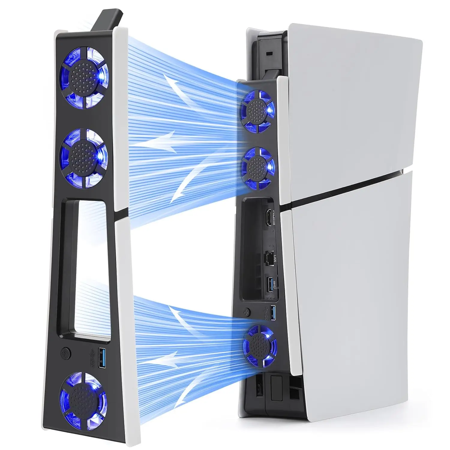 조명이 있는 조용한 냉각 선풍기 스테이션,  PS5 슬림 게임용 액세서리, USB 3.0 허브 포트 냉각 시스템