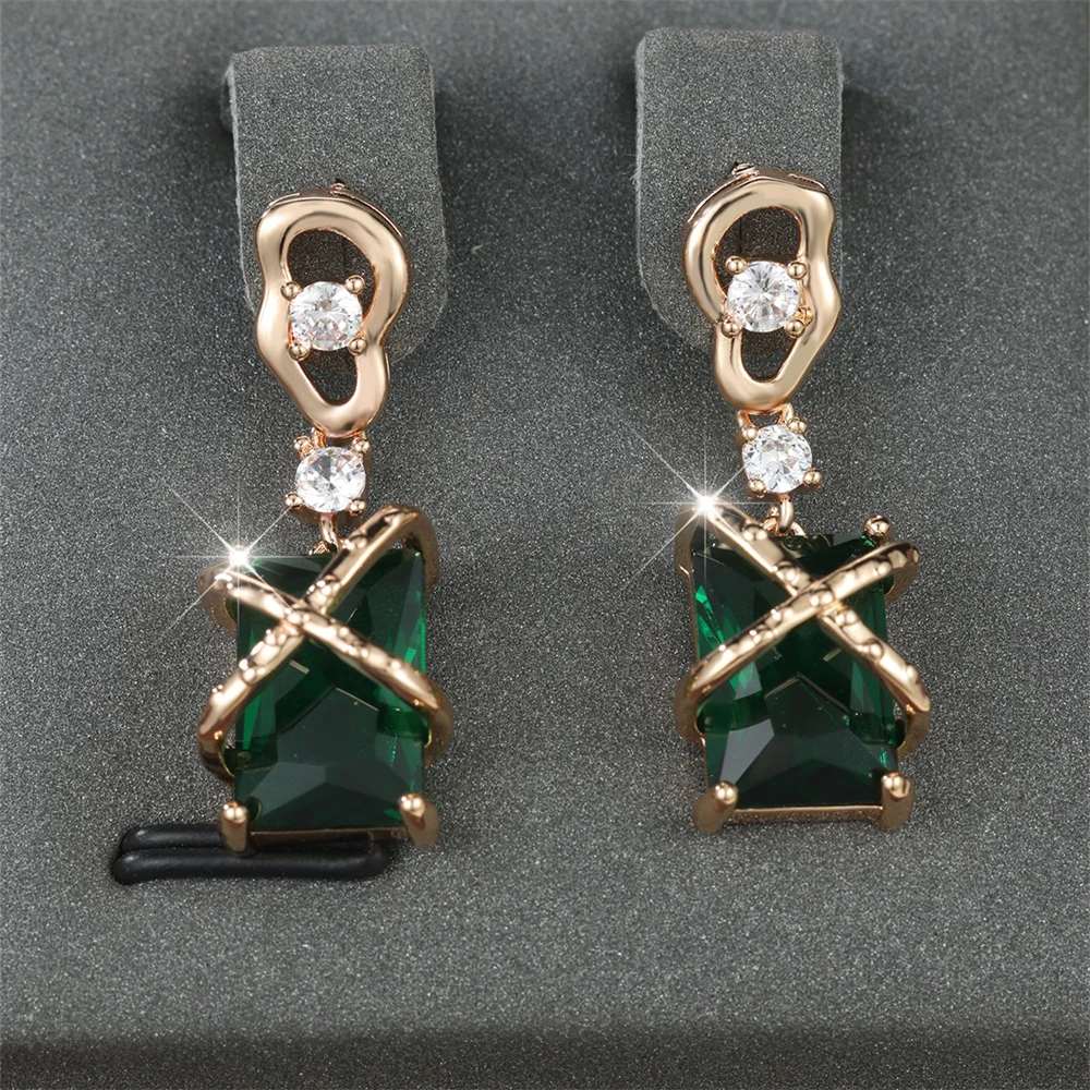 Green Crystal Square Stone White Zircon Dangle Earrings For Women Vintage Gold Color X Drop Earrings Bridal Wedding Jewelry Gift