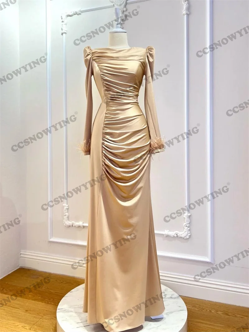 

Glossy Satin Feather Long Sleeve Muslim Evening Gown Islamic Hijab Formal Party Dresses Women Arabic Kaftan Robe De Soiree