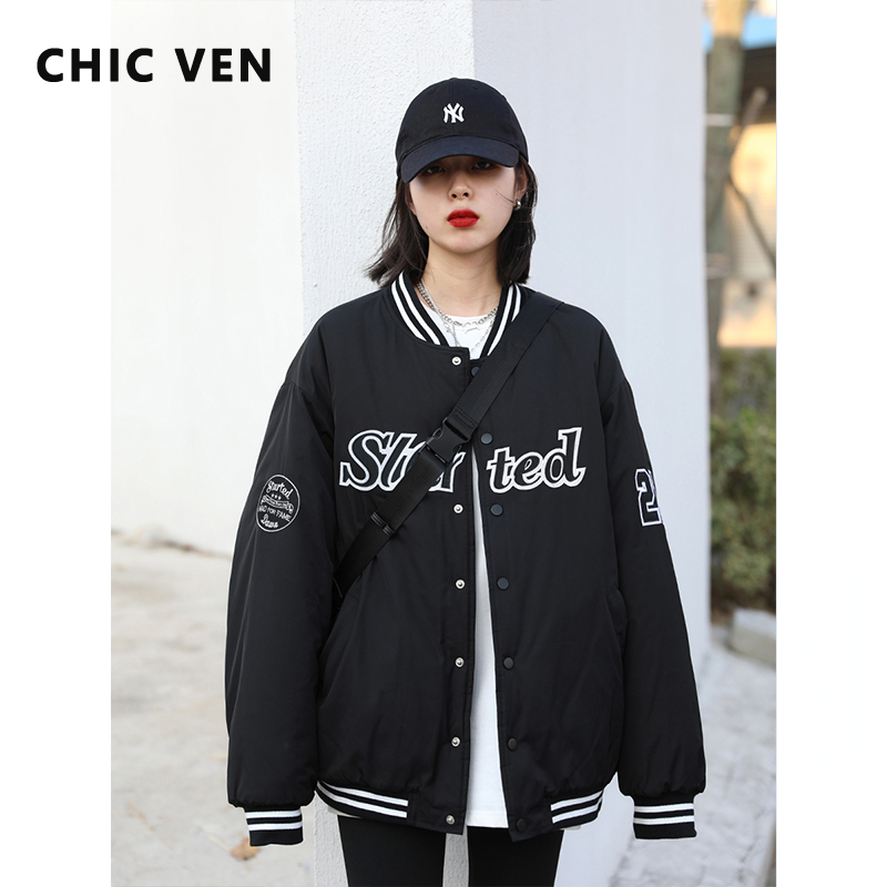 CHIC VEN Women's Jacket Streetwear Casual Letter Baseball Cotton Padded Female Overcoat Thick Warm Lady Coat Autumn Winter 2022