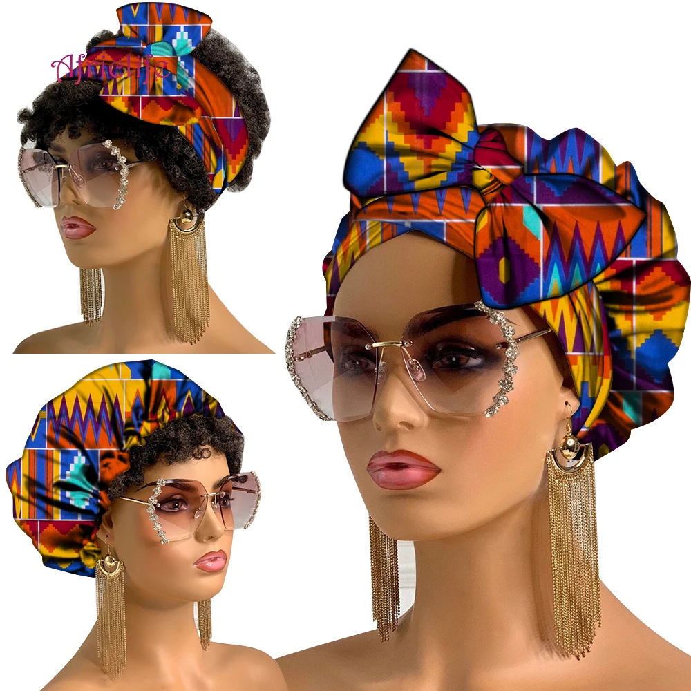 Cotton Head Wrap African Turban Cap with Ties African Material Cotton Two Pieces Set Ankara Bonnet and Headwrap Women Hair Accessories