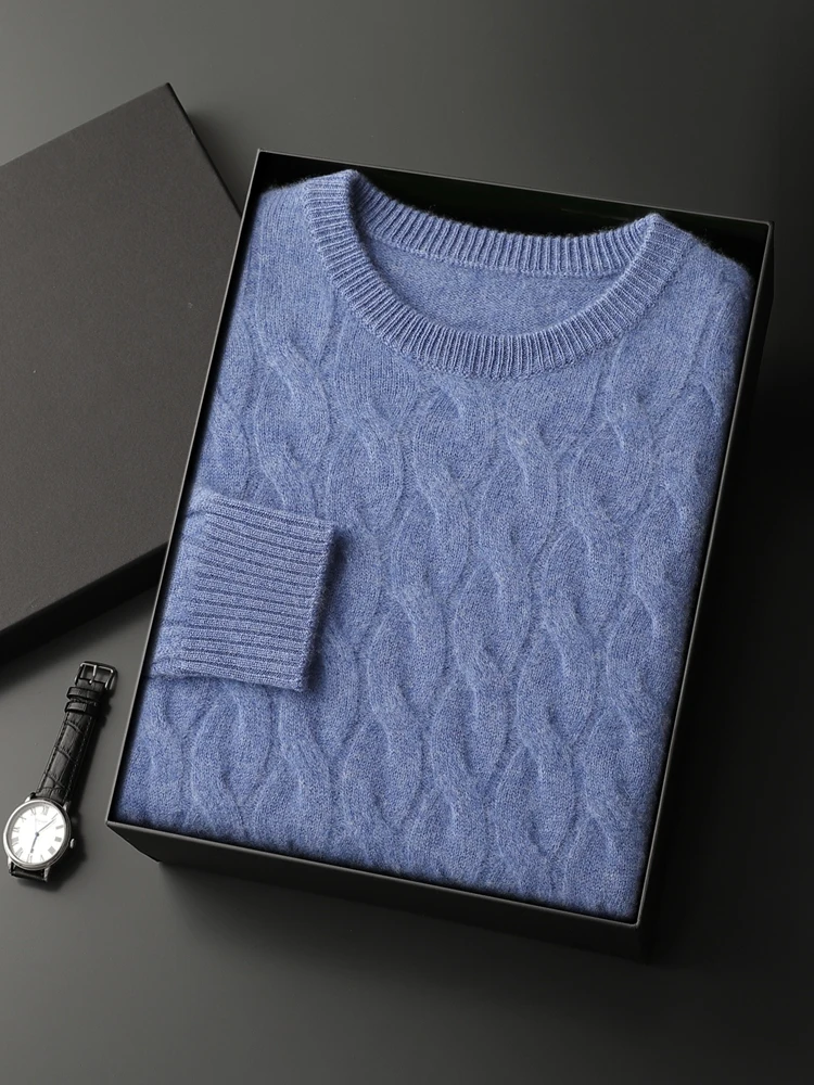 2024 Men's 100% Cashmere Cable Knit Sweater Autumn Winter O-neck Thick Long Sleeve Pullover Smart Casual Cashmere Knitwear Tops 2