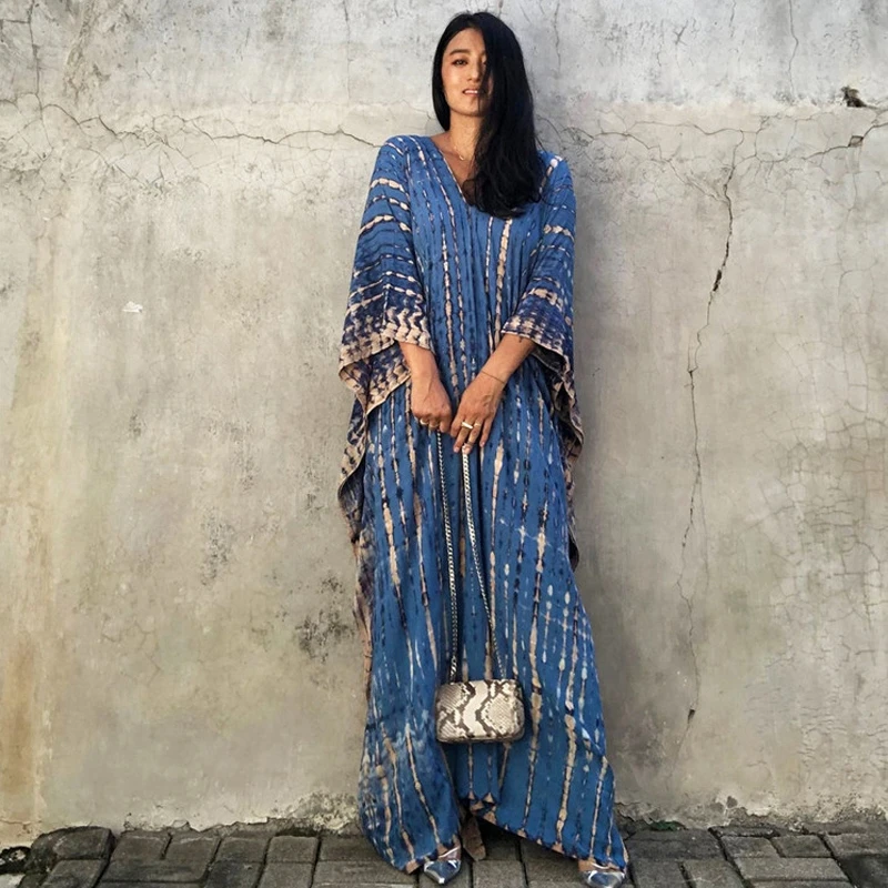 

Beach Style Cotton Linen Printed Long Women Dresses Summer Vintage V-Neck Flare Sleeved Loose Straight Holiday Clothing