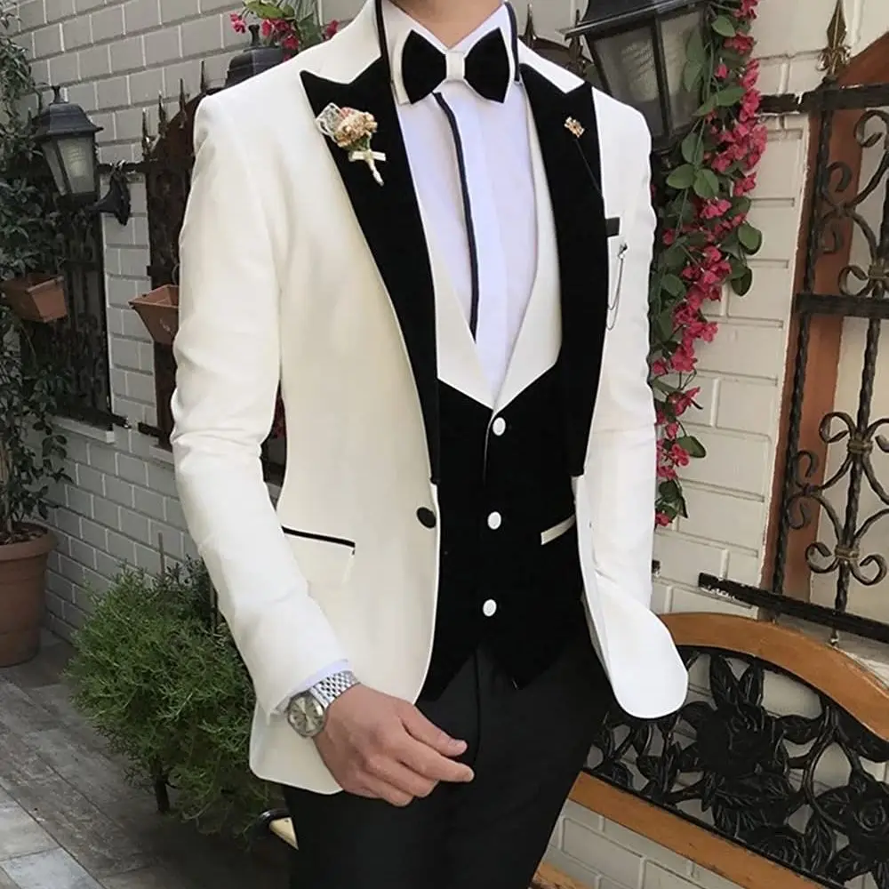 

2023 New White Slim Fit 3 Pieces Peak Lapel Blazer Jacket Vest Pants for Wedding Groomsmen Terno Masculino Completos