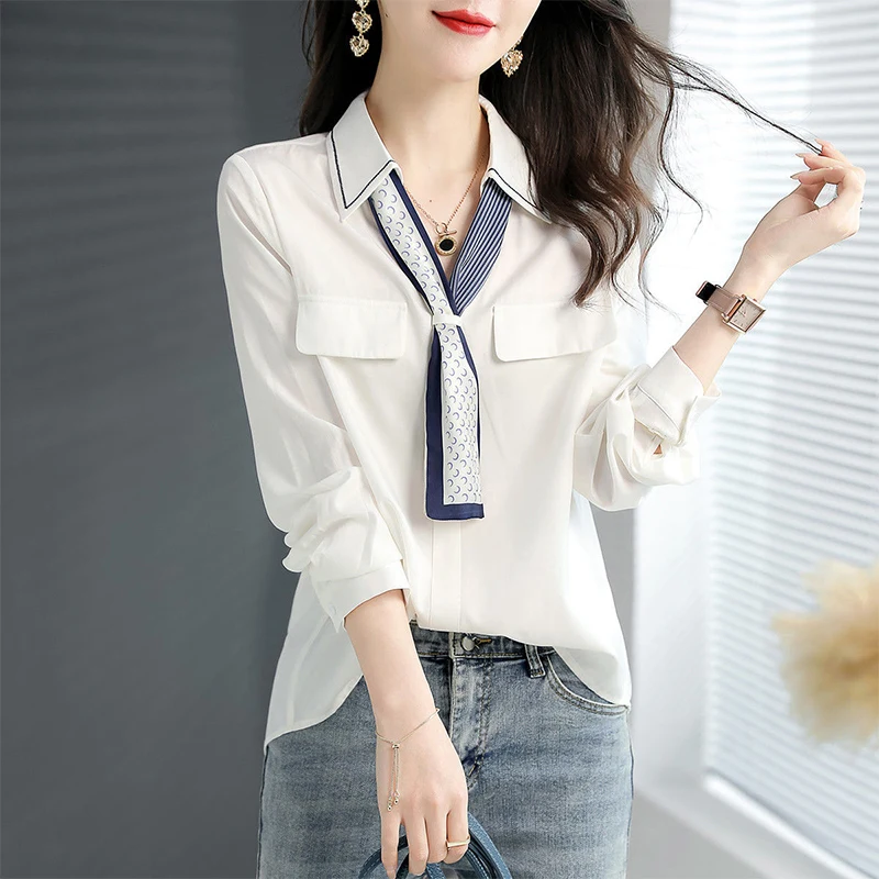 Spring Autumn Y2K Fashion Elegant Office Lady Blouse Scarf Collar Long Sleeve All-match Shirt Women Chic Solid Female Pullover