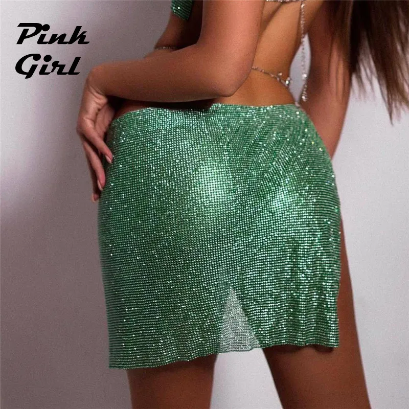 

Bling Rhinestone Metallic Asymmetric Skirt Women Nightclub Prom Low Waist Dance Skirt Summer Hotties Party Sexy Slit Miniskirt
