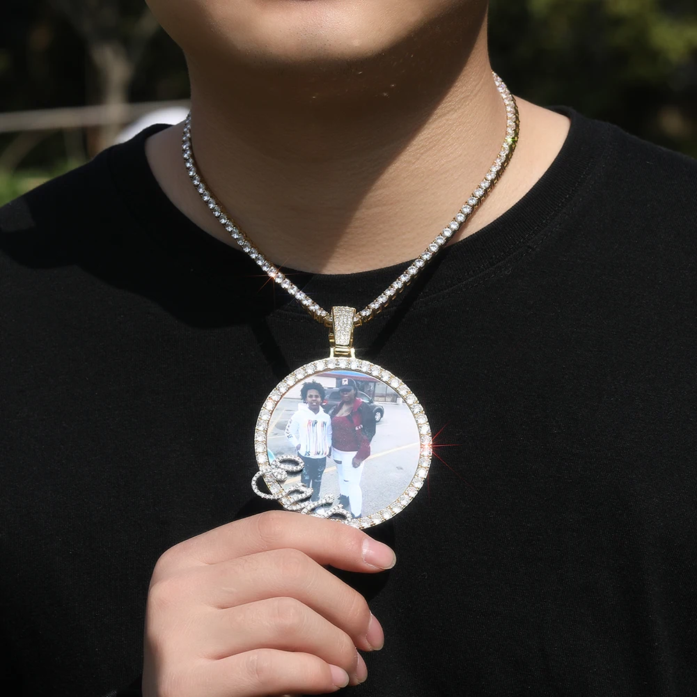 THE BLING KING Custom Cursive Letters Big Round Photo Memory Pendant DIY Picture Chain Necklace Hiphop Jewelry For Family Gift