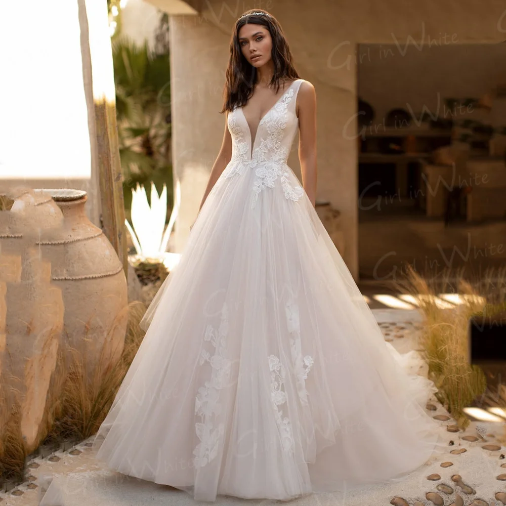 

New Vintage Tank Sleeve Lace Wedding Dresses Deep V Neck Bride Robes Elegant Beach Boho Bridal Gowns For Women Vestidos De Novia