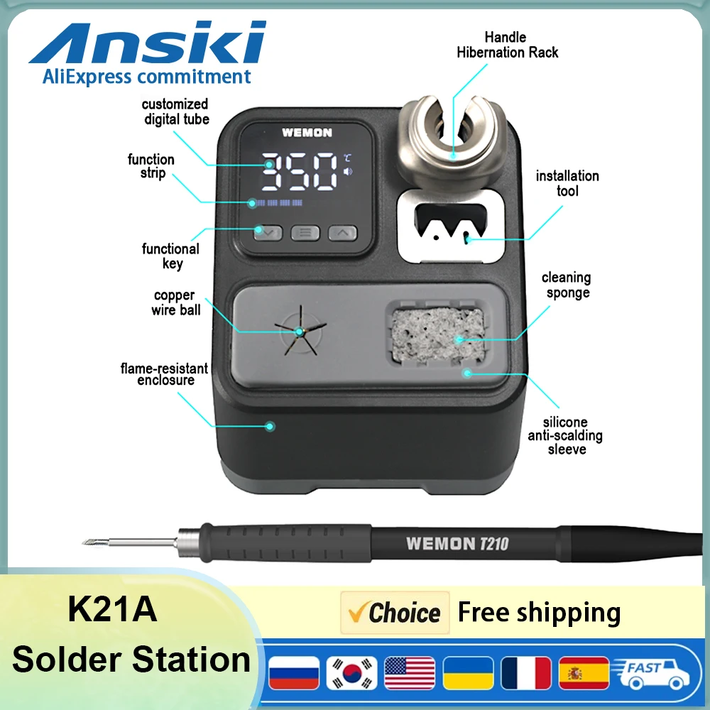 Ansiki K21A Soldering Station 100-480°C Adjustable Precision Electronic Rework Station T210-K Tip