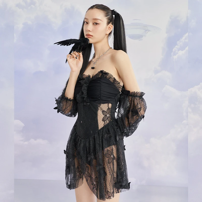 

Gothic Dark Butterfly Skirt Bodysuit Sukumizu Swimsuit Women's Summer Suspenders Bandage Bathing Suit Swimwear Lace Hollow Out