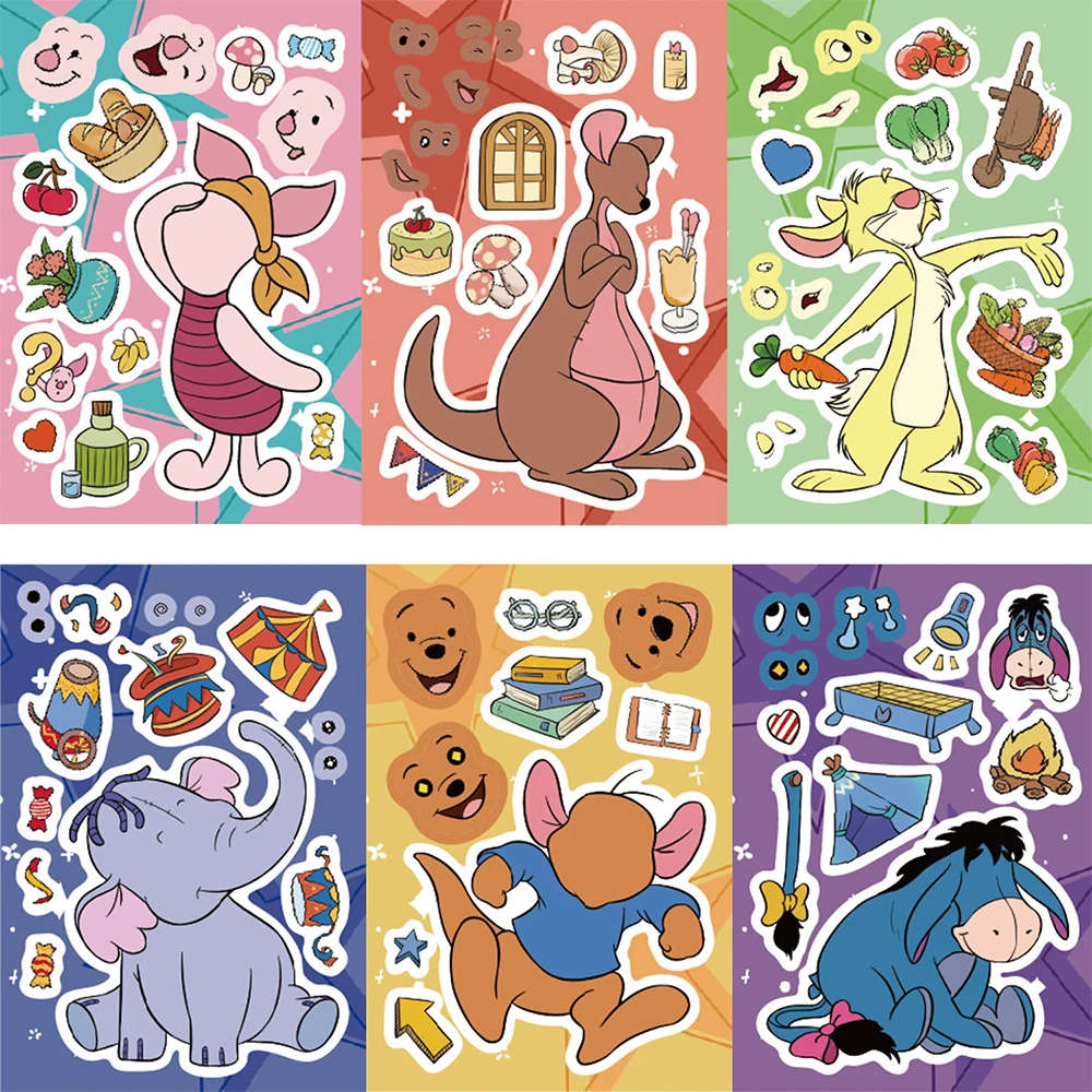 

8/16Sheets Disney Cartoon Pooh Bear Puzzle Stickers Games Make a Face DIY Funny Assemble Jigsaw Kids Education Toy Sticker