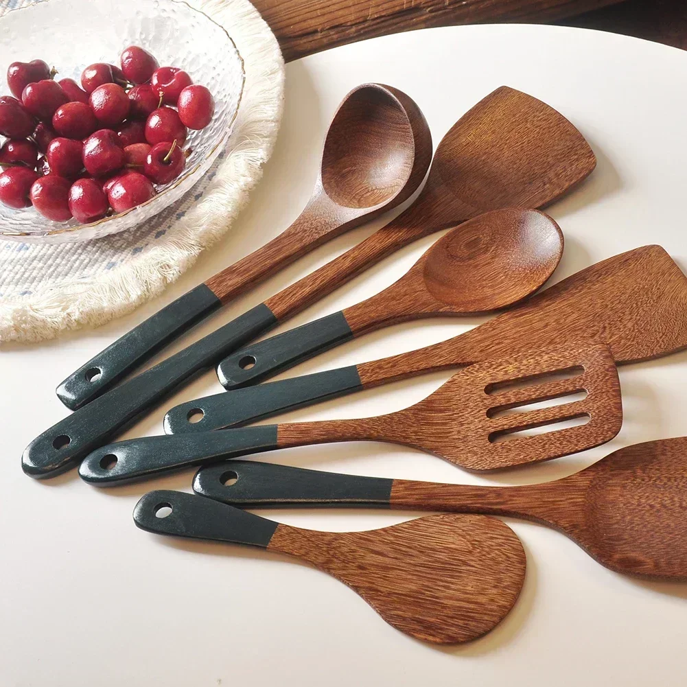 Wooden Kitchenware Set Long Handle Spatula Rice Scoop Vegetable Meat Cooking Shovel Mixing Spoons For Nonstick Pan Kitchen Tools