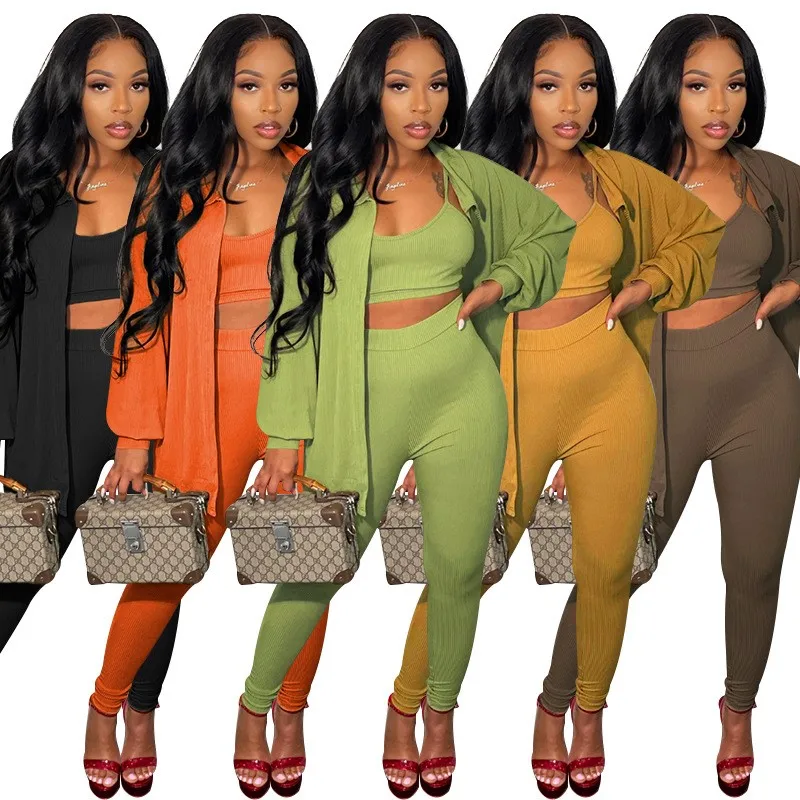 3 Piece Set Women's Solid Sexy Tank Top Button Long Sleeve Shirt Pants Matching Set Casual Tracksuit Outfits Famous Suit Fall