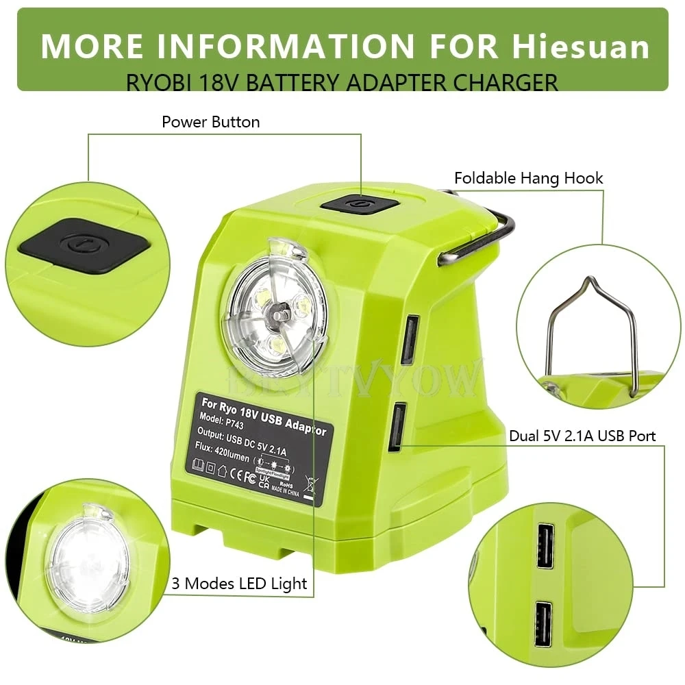 Portable Flashlight for Ryobi 18v Battery 420lm LED Work Light with 2 USB Ports