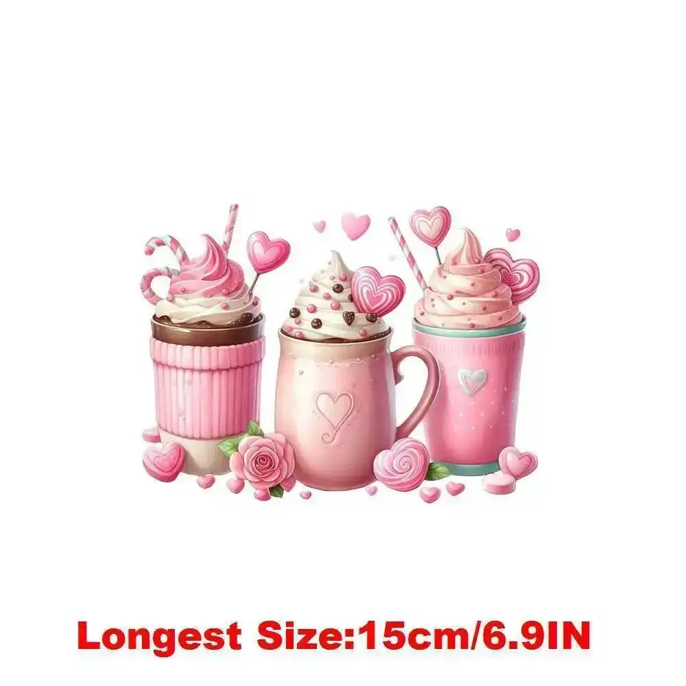 15cm 어린이용 핑크 하트 러브 아이스크림 디저트 열전사 스티커 DIY DTF 열전사 스티커 티셔츠 옷 데칼