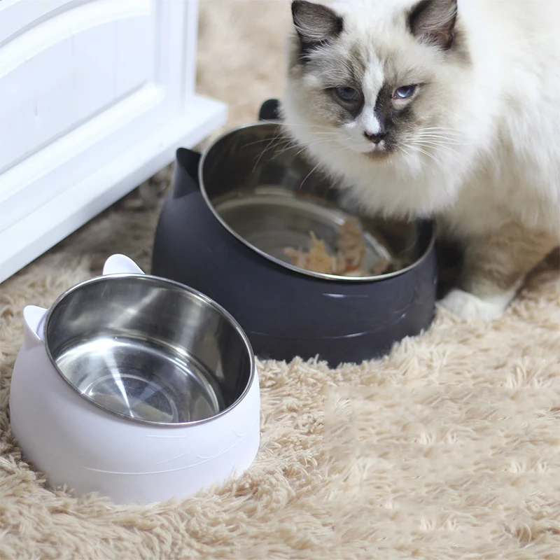 

Cat Dog Bowls 15 Degrees Raised Stainless Steel Cat Bowl Safeguard Neck Puppy Pet Feeder Non-slip Crash Elevated Cat Food Bowl