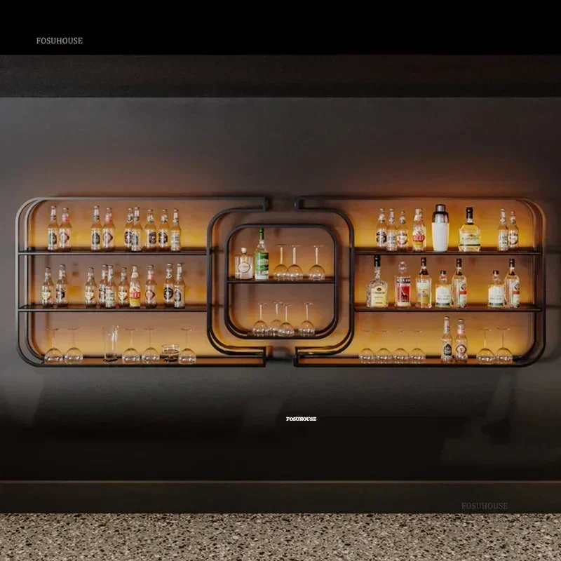Nordic Iron Art Wine Rack for Bar Counter Display Cabinet Minimalist Creative Designer Wall-mounted Bar Cabinet with Lights XX