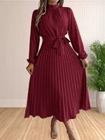Women's Long Dresses Summer Elegant Pleated Long Sleeveed Lace Up Dresses Beach Boho Wrap Ruffle Hem Swing Sundress - Image 3