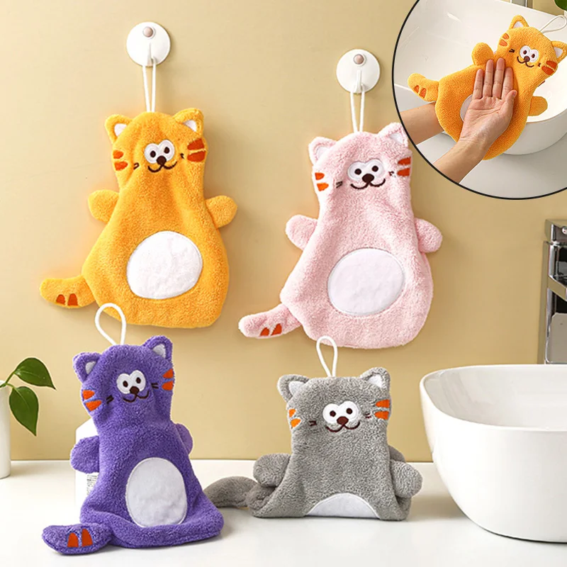 

1pc Cartoon Cat Hand Towel Cute Animal Coral Velvet Water Absorption Hands Towel Quick Dry Wipe Children Kitchen Bathroom Supply