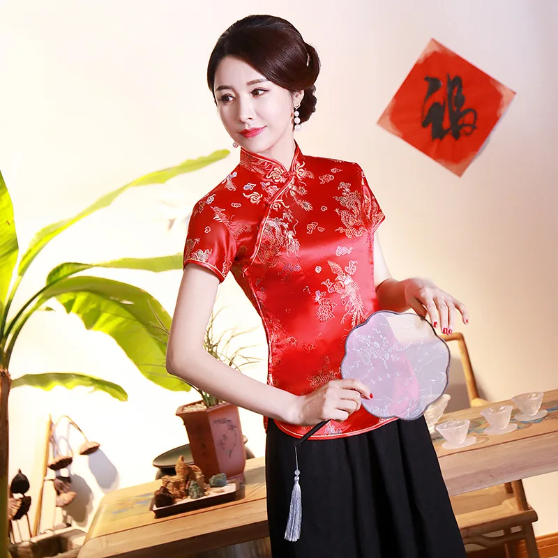 Lake Blue Tang Clothes Lady Slim Qipao Tops Vintage Mandarin Collar Shirt Chinese Style Costume Oversize Blouse Satin Clothing women satin blouse women chinese shirt