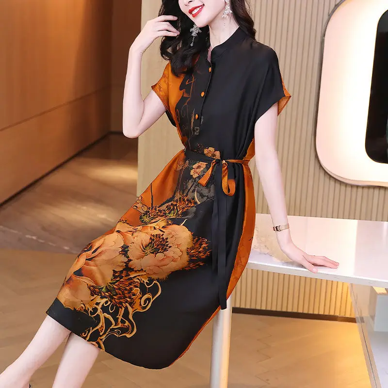 

Women Silk Floral Print Lace Up Vintage Elegant Party Dresses Summer Trendy Stand Collar Short Sleeve Loose Midi Dress Vestidos