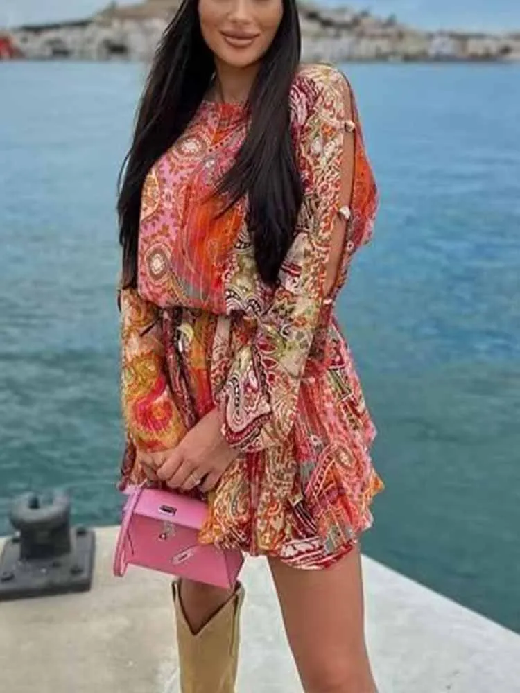 

Summer new women's fashion European and American sexy western style belt loose ethnic style printed short dress