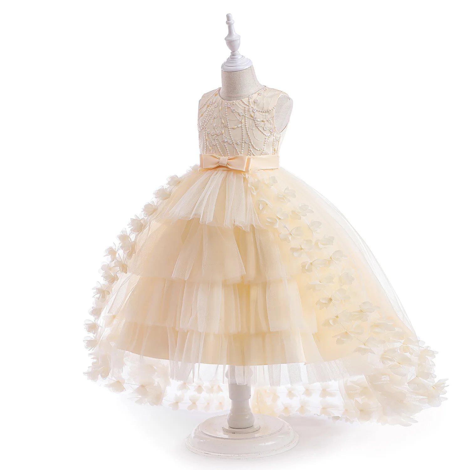 

Fancy Hi-Lo Champagne Prom Teenagers Dresses for Girl Children Lace Beads Party Clothing Formal Dress for Bridesmaid Weddin