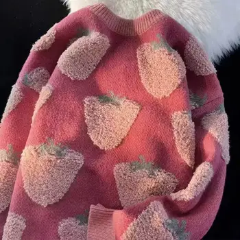 سترة نسائية فضفاضة لخريف وشتاء 2025 بأكمام طويلة بلوفرات وردية محبوكة للسيدات برقبة دائرية سترة دافئة ملابس نسائية 2