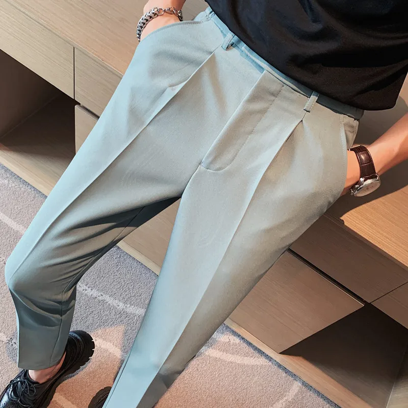 Men Summer Thin Business Formal Pants Solid Casual Korean Slim Fit Suit  Pants Mens Office Social Dress Ankle Length Trousers