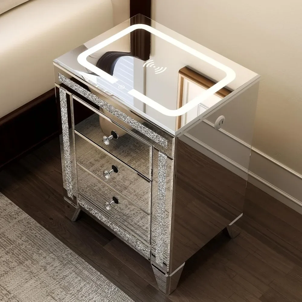 Silver Nightstand with LED, Mirrored End Table with Charging Station Wireless, Side Table Storage Cabinet with Crystal & Drawers 5