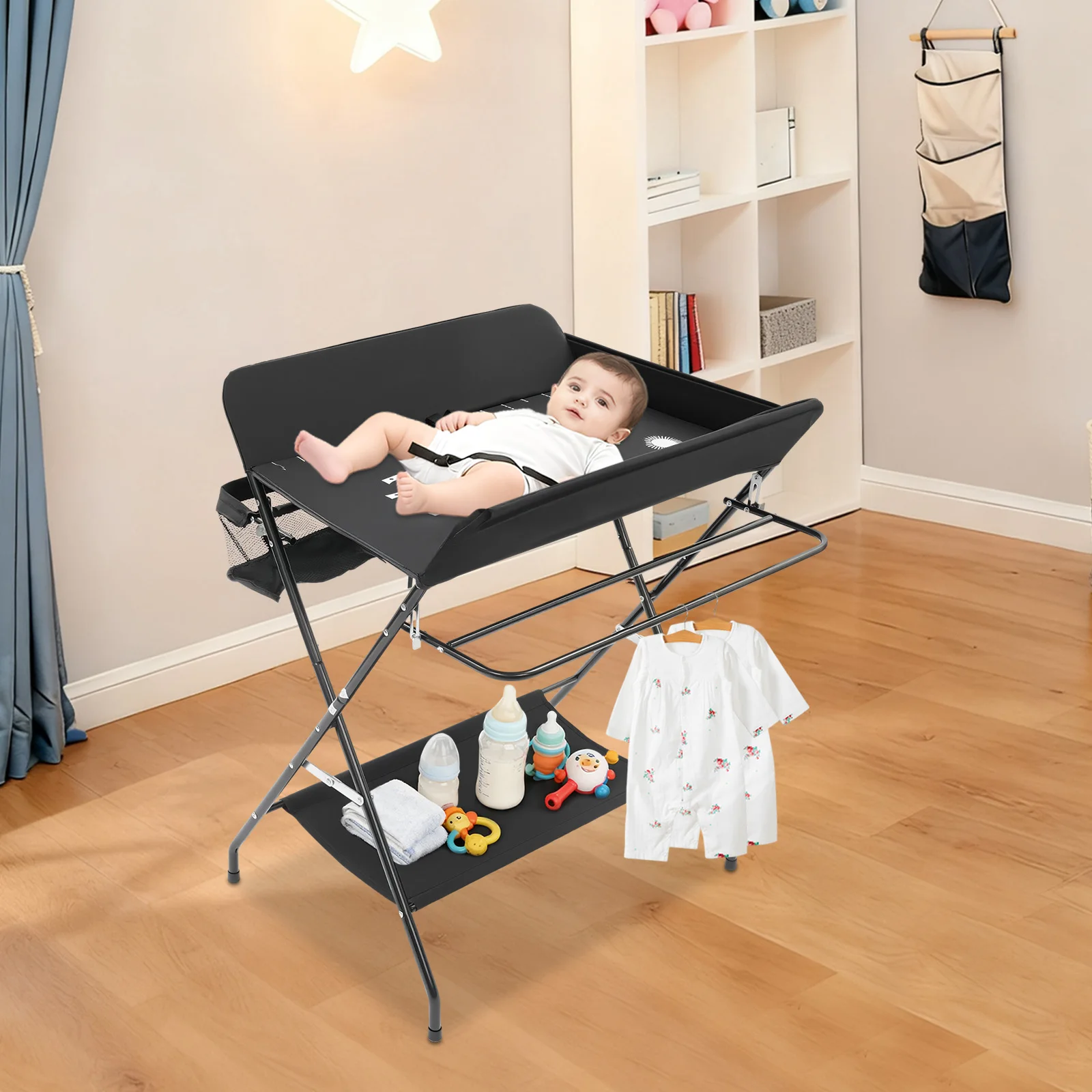 Table à langer pliable pour bébé, avec étagères de rangement, coussin avec échelle de hauteur, grande Table à langer 80x63cm