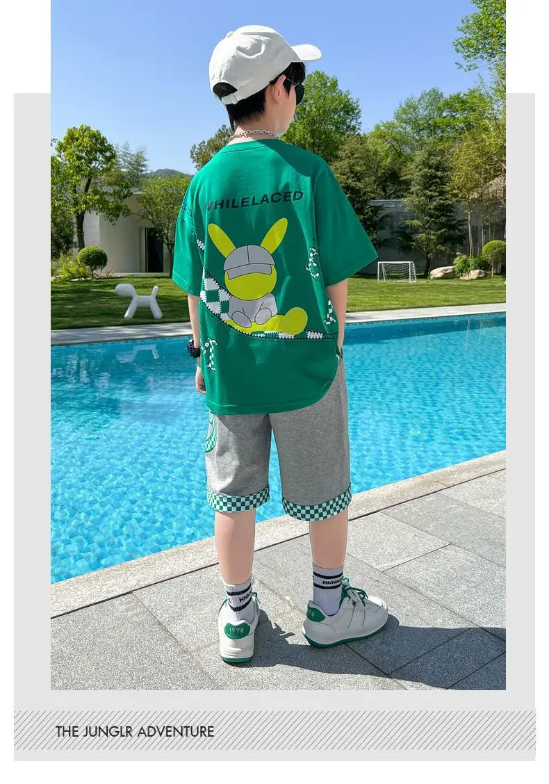 Boys cotton cartoon alphabet T-shirt with plaid shorts 2-piece outfit 0542