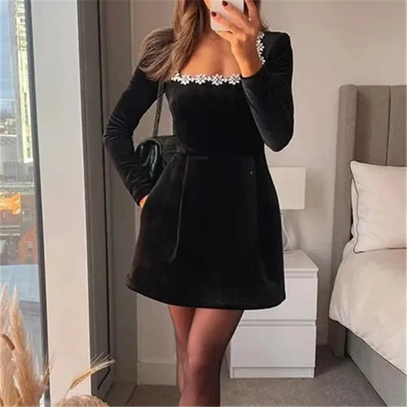 TRAF 여성용 블랙 벨벳 미니 원피스, 라인석 프렌치 빈티지 원피스, 긴 소매 짧은 드레스, 우아한 파티 드레스, 2024