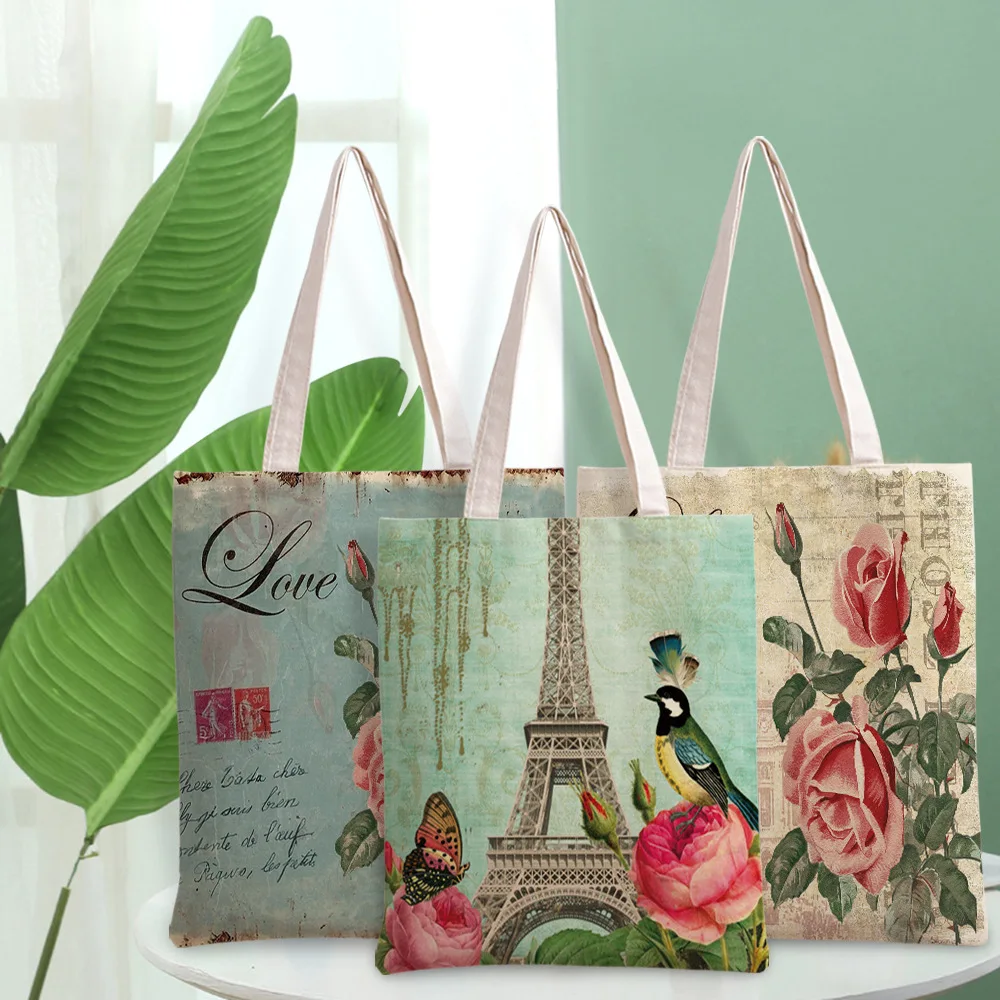 

Women Bag Retro Flowers Canvas Bag Building Women Shoulder Bag Large Capacity Vintage Birds Shopper Bags