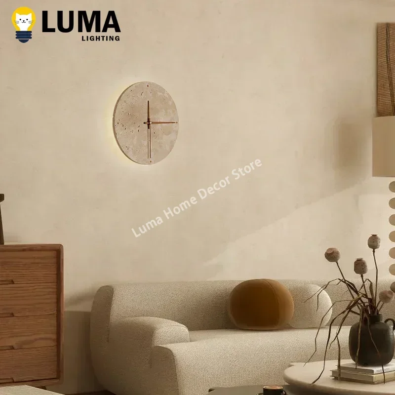 Luma Wabi-Sabi Yellow Travertine Wall Light, Round Shape Natural Stone Clock for Interior Living Room Bedroom Home-Application