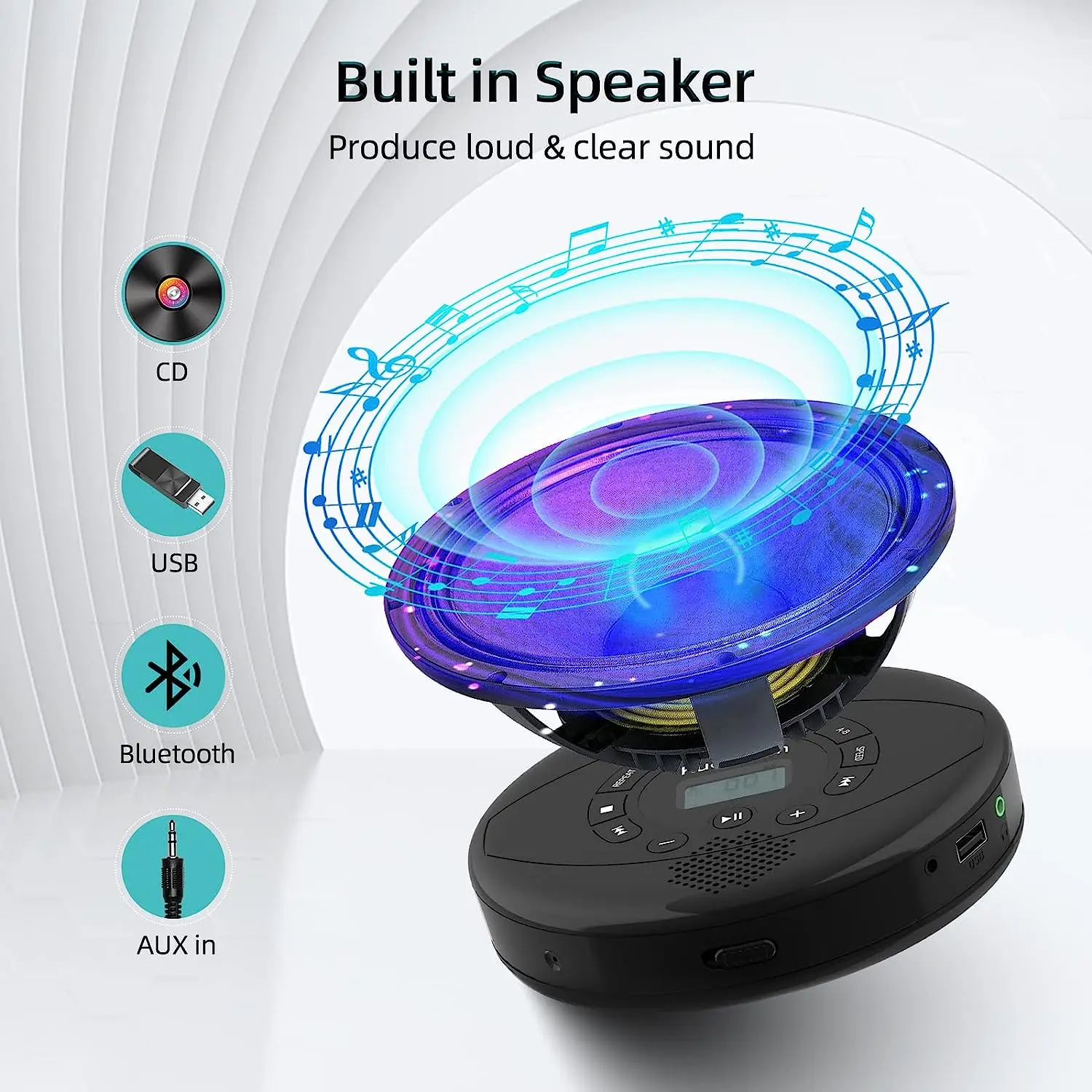 Portable CD Player Bluetooth CD Walkman Built in Speakers Rechargeable CD Player  with USB/AUX/Headphone Port
