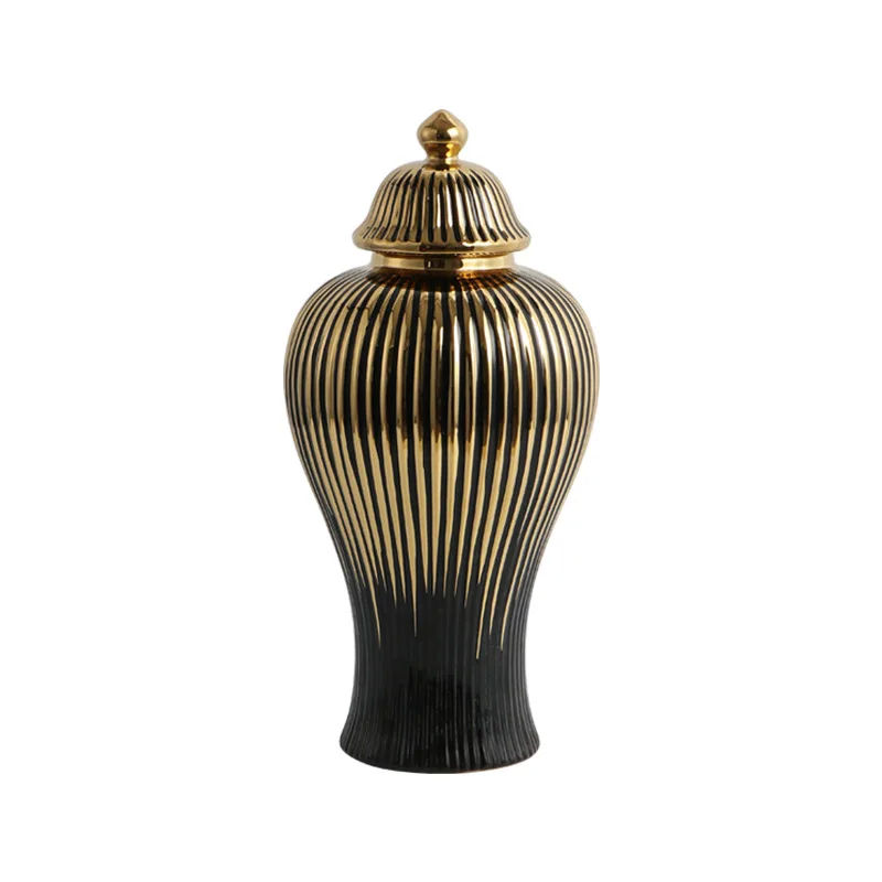 Ceramic Checkmate Jar Flower Vase Black Ginger Jar Gold-rimmed Storage Tank Porcelain Handicraft Floral Arrangement Accessories 6