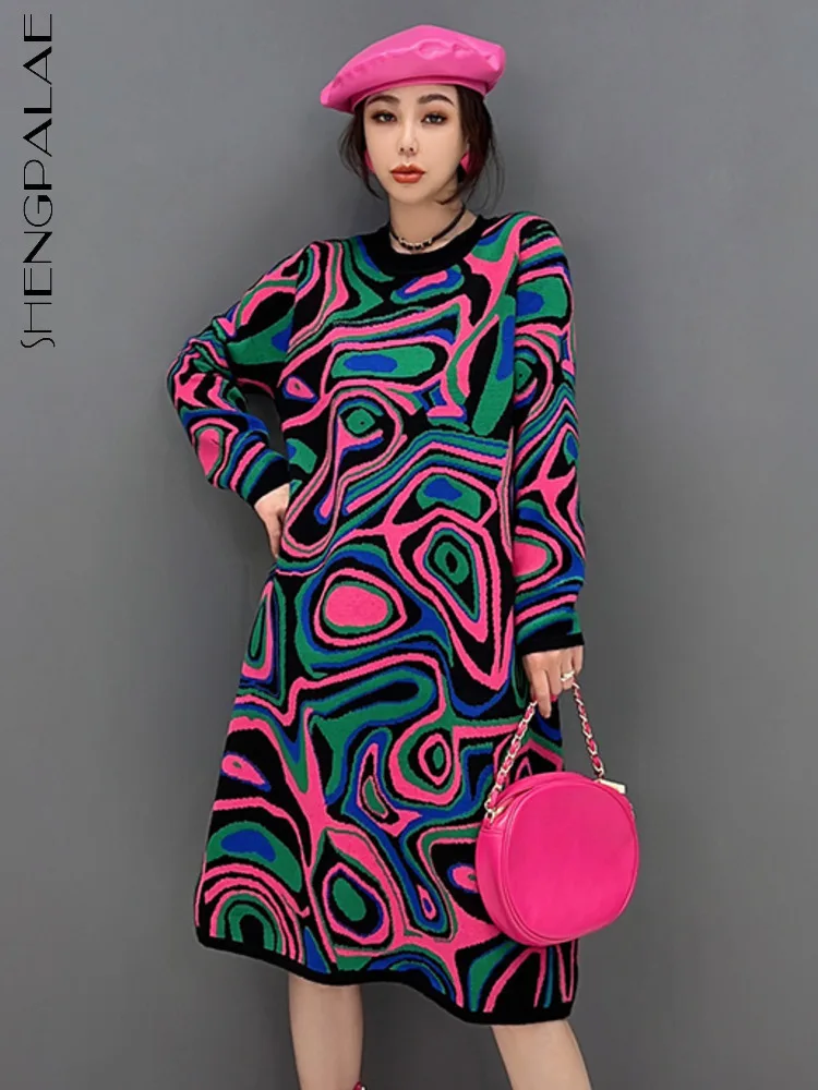 SHENGPALAE O Neck Knitting Dress For Women Minority Elegant Loose Color Blocking Printing Red