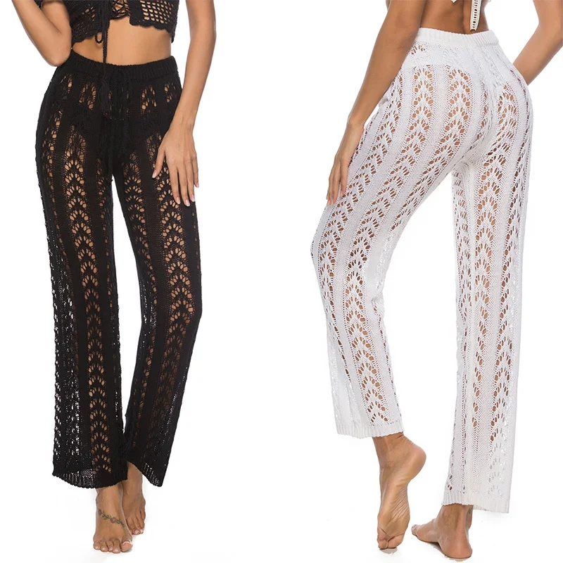 Fashion New Women Crochet Knitted Beach Pants Hollow Out Elastic Straight Casual Trouser Holiday Beach Wide Leg Bikini Cover Up