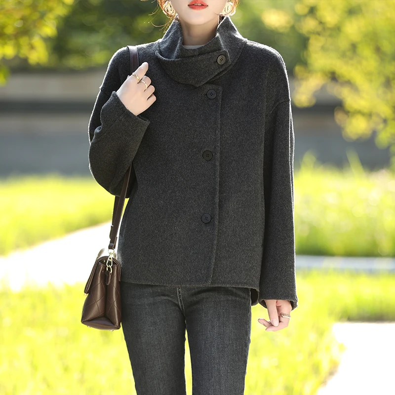 Women's Short Coat Pure Wool Autumn-Winter Warm Thickening Top Solid Color Cute Comfortable Outerwear Coat