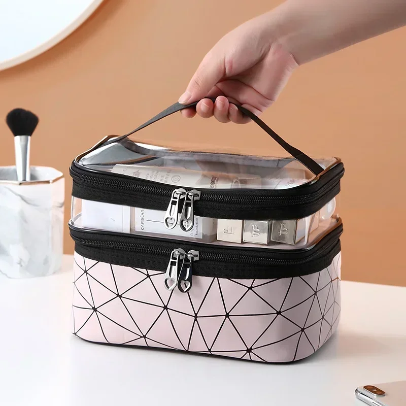 

Travel Cosmetic Bag Transparent Mesh Pouch Double Layer Makeup Handbag Women Portable Travel Bag Toiletries Kit Organizer
