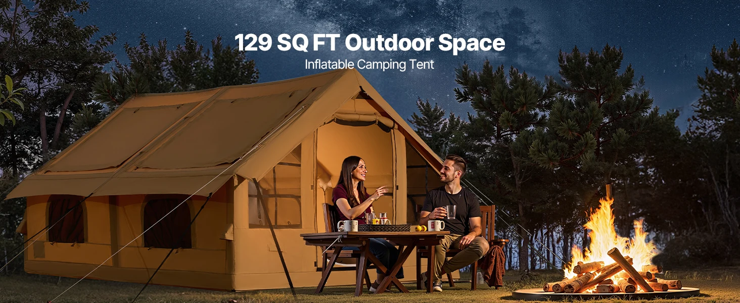 SucceBuy Inflatable Tents for Camping Easy Setup Blow up Tent with Hand Pump Glamping Tent with Skylight Stove Jack Mesh Windows