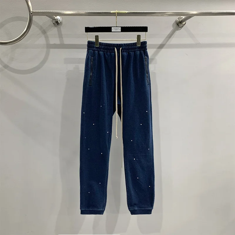 

23ss Rick Women Pants Y2k Men Clothes Sweatpants Lie Fallow Ro Owens Graffiti Polka Dot Drawstring Design Denim Wash Blue