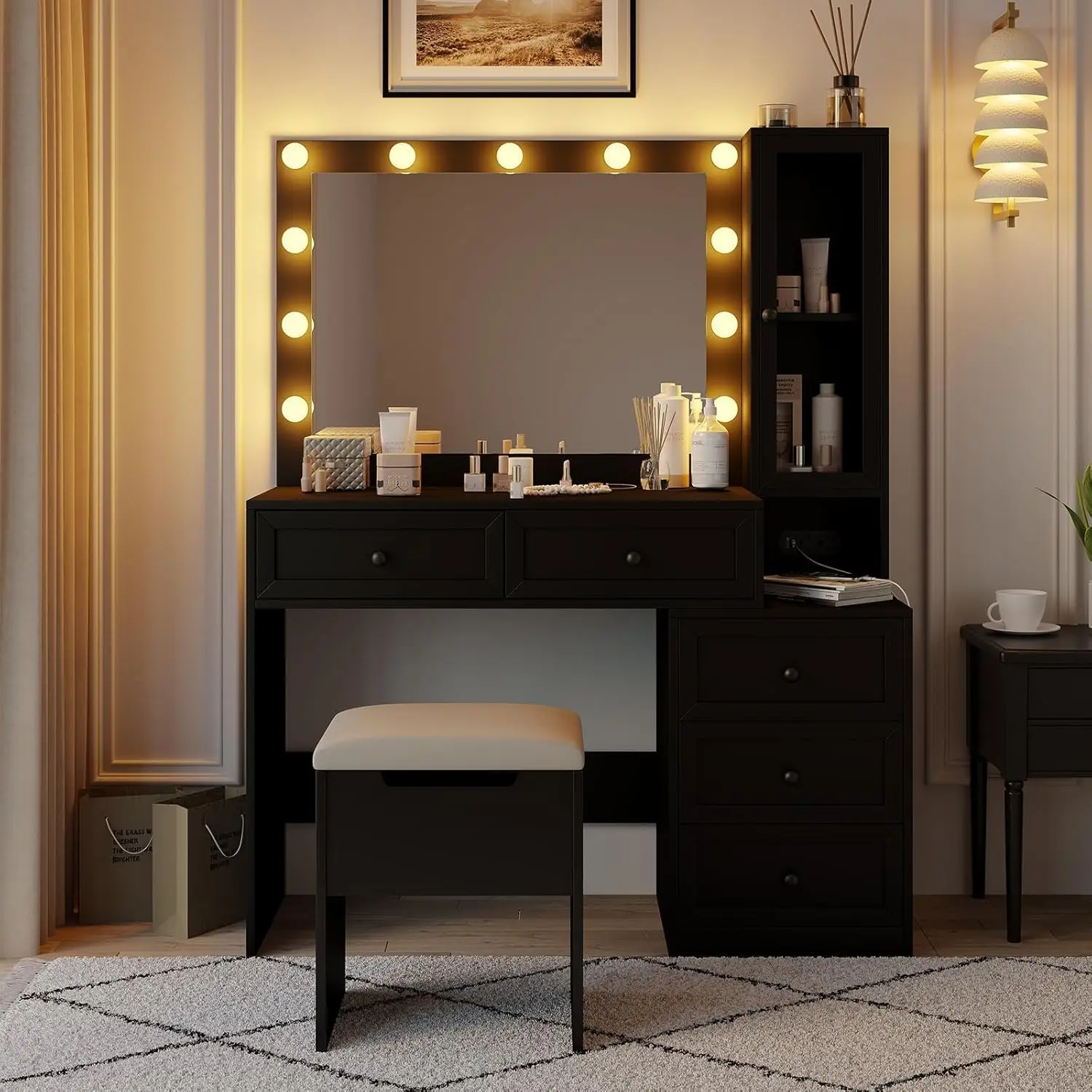 43" W Vanity Desk with Mirror & 11 Lights,Modern Makeup Desk with 5 Drawers & Cushioned Stool,3 Lighting Modes Brightness Adjust