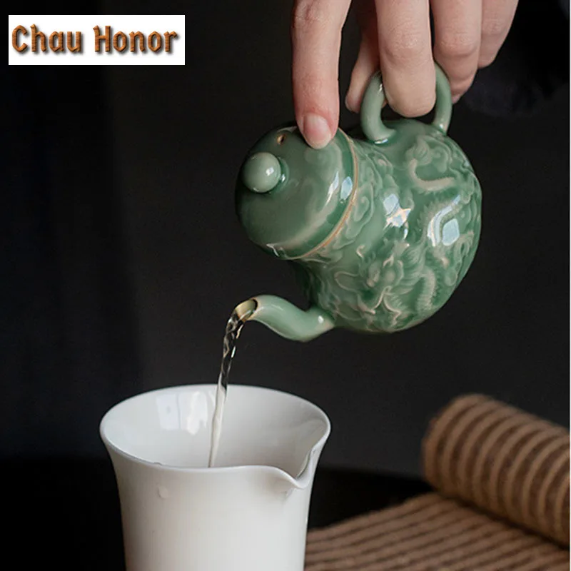 Boutique Yue Kiln Celadon Ceramic Teapot Relief Dragon And Phoenix Art Single Pot With Filter Household Kung Fu Tea Maker Tools