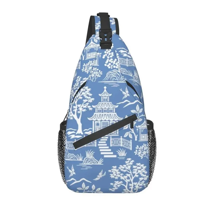 Chinoiserie Pagoda Ancien Blue Delft Willow Sling Bags for Cycling Camping Men Style Crossbody Chest Backpack Daypack