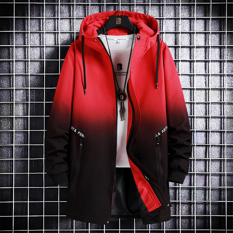 Long Cargo Jacket Men Plus Size 10XL Jackets Gradient Windbreak Spring Autumn Hooded Coat Male Black Windbreak Long Style 3