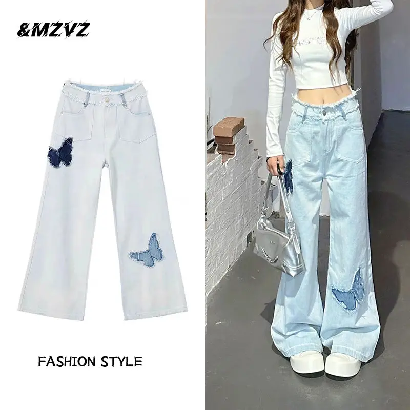 Fashion Spring Washing Light Blue Jeans Women New Butterfly Embroidery High Waist Tassel Loose Comfortable All-match Trousers