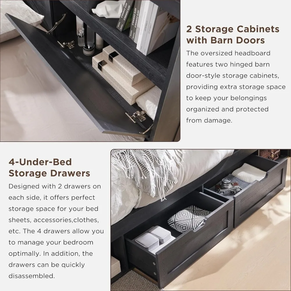 King Wood Bed Frame W/ 52" Tall Storage Headboard and 4 Drawers,LED Light,Charging Station, Solid Wood Slats Support, Bed Frame 6